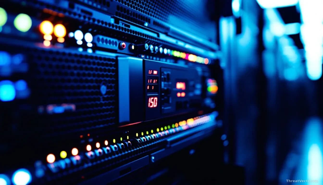 Photoreal news-editorial image of a darkened enterprise server rack with one rack unit displaying a red status LED, others showing amber and green, shallow dept