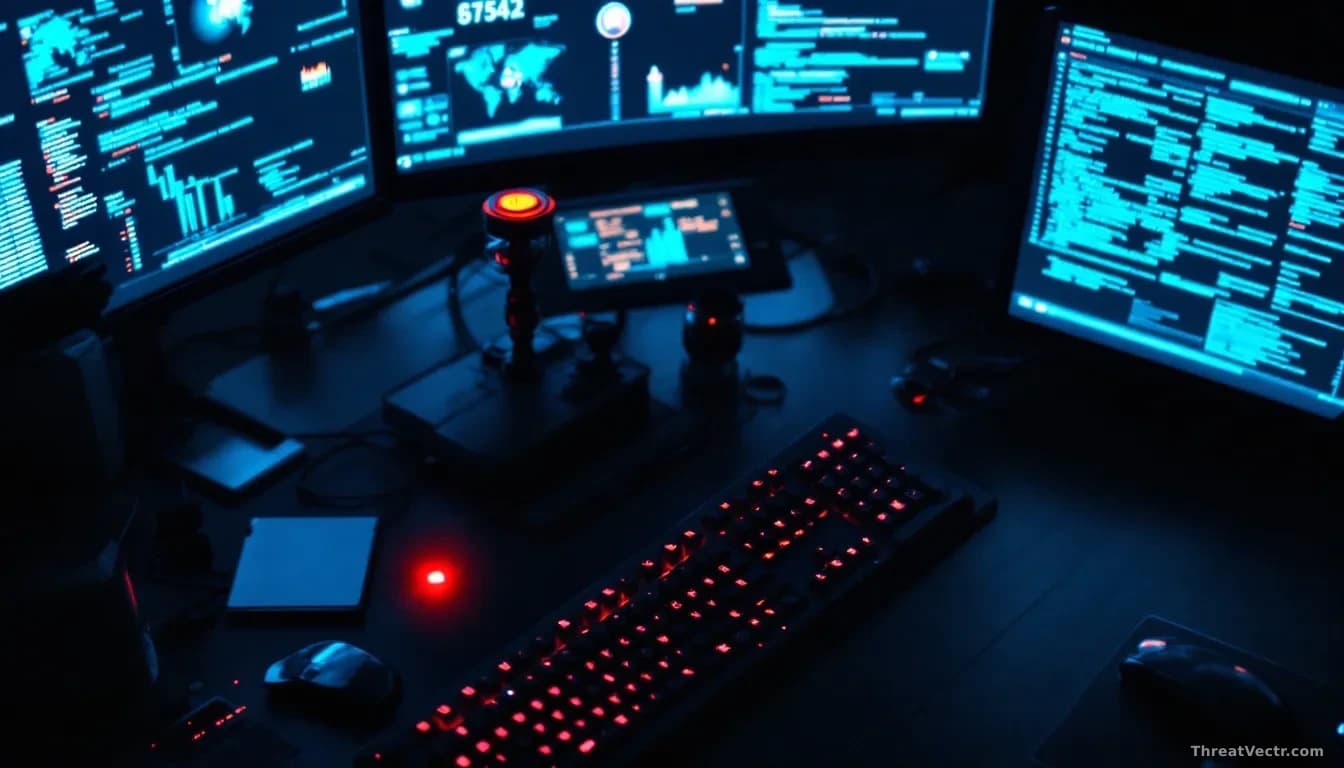 Photoreal news-editorial overhead shot of a darkened security operations center desk, multiple monitors glowing blue with abstract vulnerability dashboards and