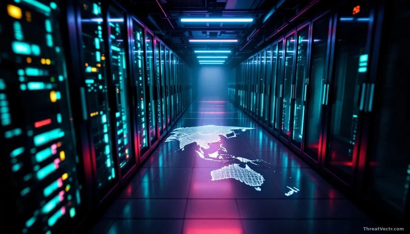 Full-frame edge-to-edge overhead photoreal view of a dimly lit server rack room with cool teal and red accent lighting, a faint topographic map of Southeast Asi