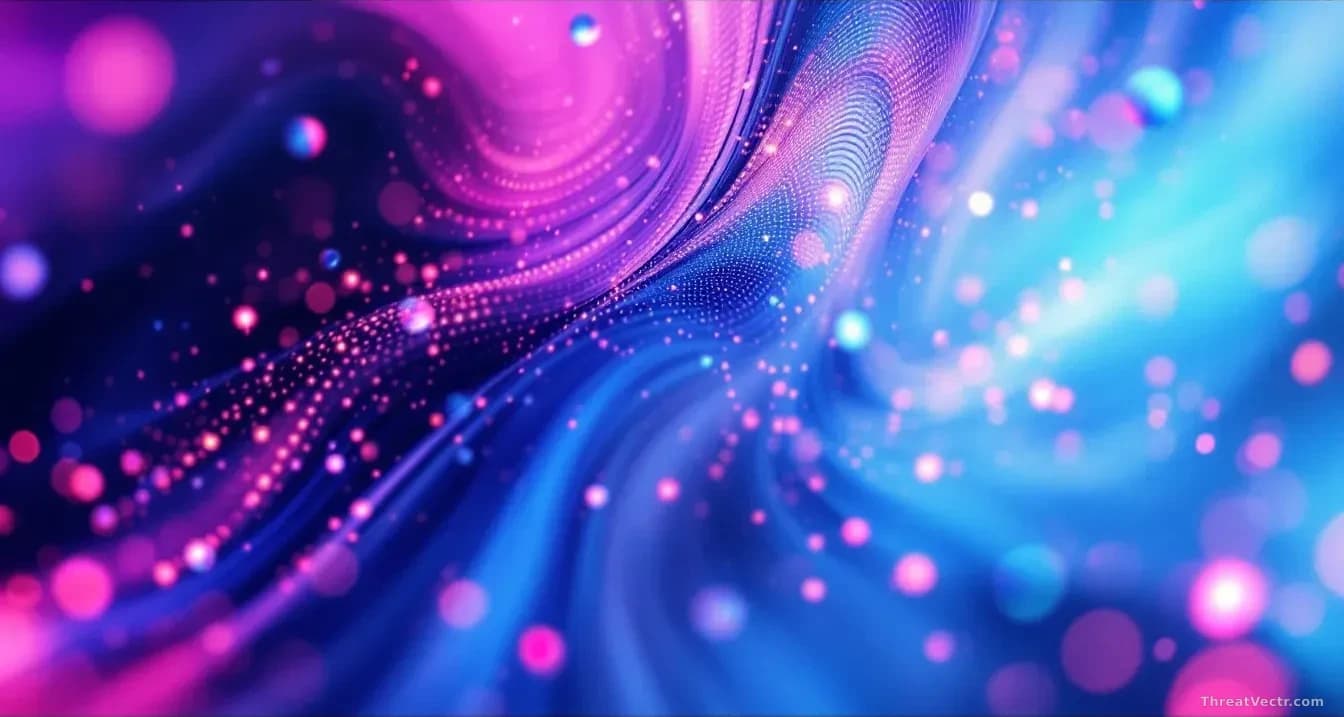 Full-frame edge-to-edge photoreal close-up of a laptop screen filled with a generic abstract live wallpaper, slight chromatic aberration on the edges suggesting