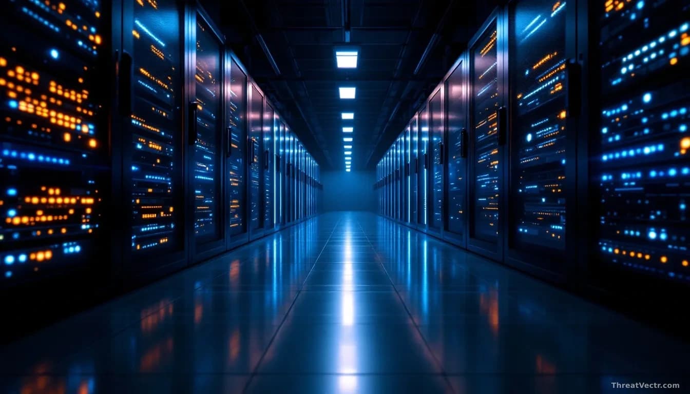 Photoreal news-editorial 16:9 image of a vast server room at night, rows of glowing rack-mounted hardware receding into darkness, cool blue and amber indicator