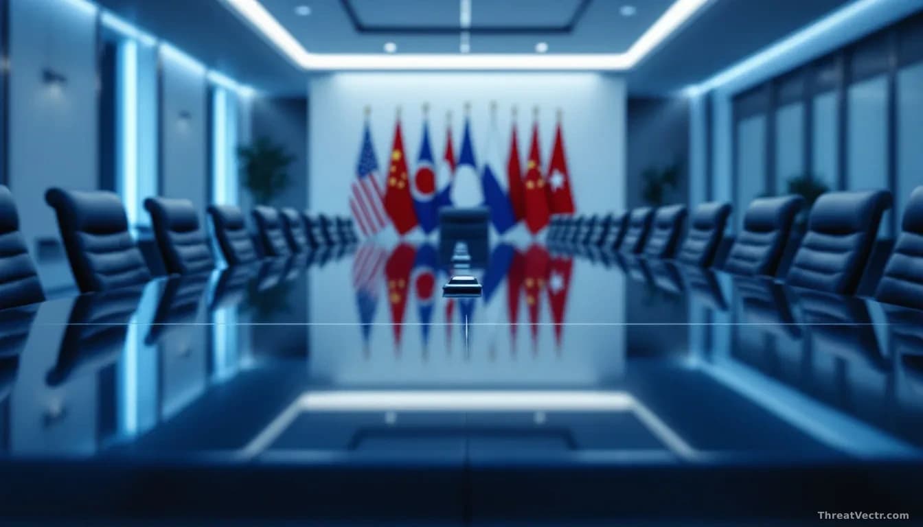 A long polished conference table in a modern governmental chamber, empty high-backed chairs arranged formally on both sides, soft overhead lighting casting clea