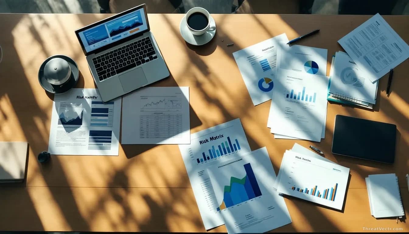 Photoreal editorial-style overhead view of a large corporate boardroom table with scattered financial documents, a risk matrix printout, and a laptop displaying