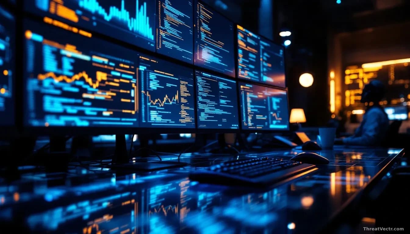 Full-frame edge-to-edge 16:9 photoreal news-editorial shot of a dim security operations center with multiple monitors showing abstract source code and dependenc