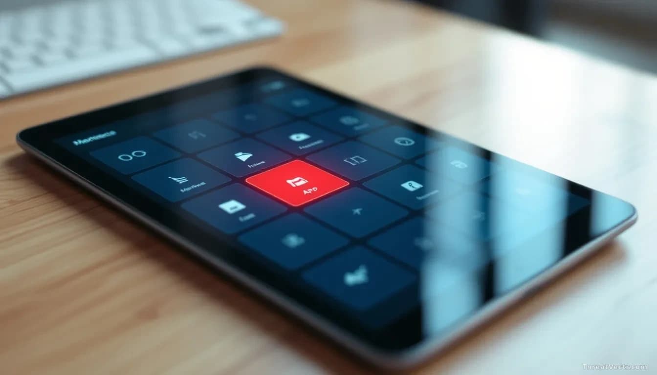 Photoreal news-editorial overhead shot of a generic app marketplace tile grid rendered on a glossy tablet screen, one tile subtly glowing red among neutral blue