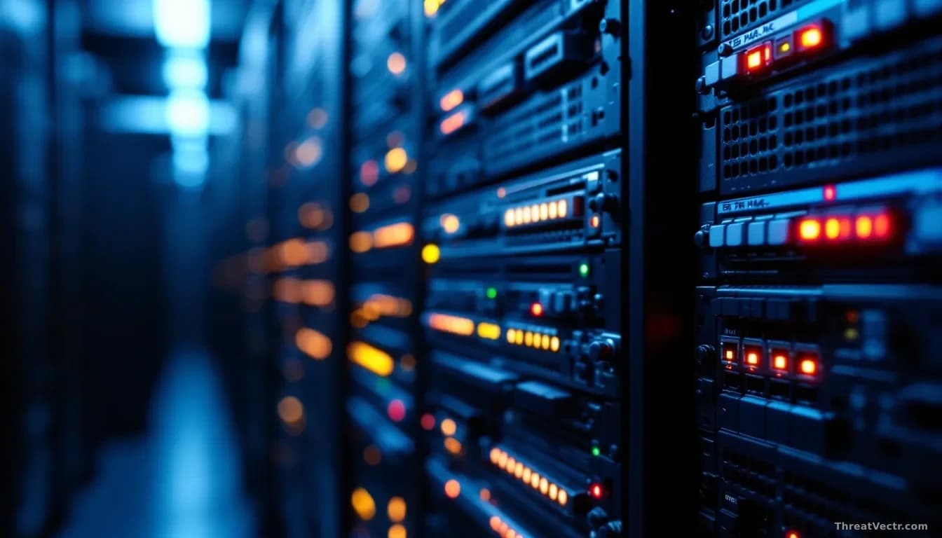 Close-up overhead shot of a dense rack of enterprise networking and telephony hardware, blinking amber and red indicator lights visible across multiple units, s