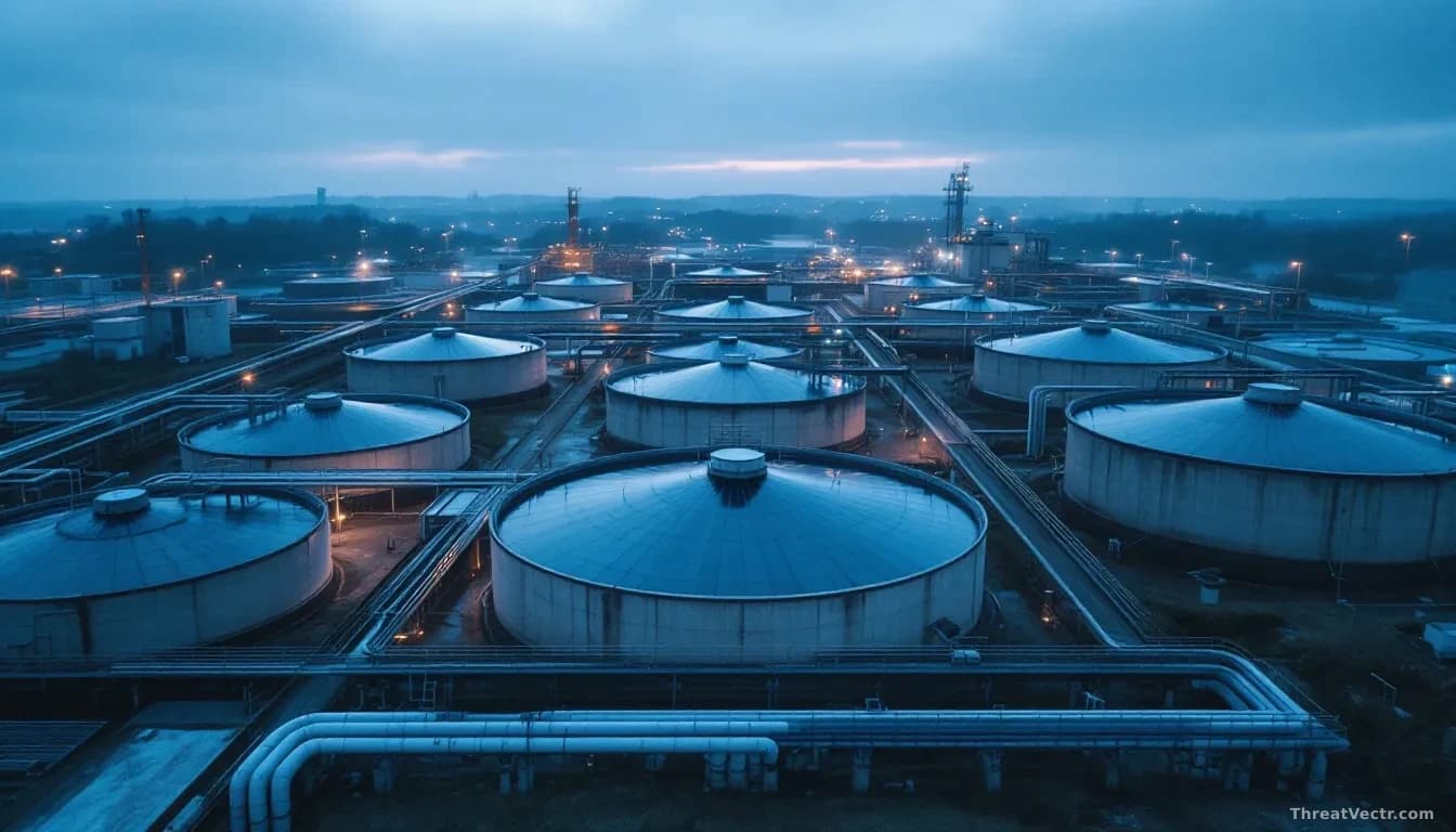 Aerial 16:9 view of a large municipal water treatment facility at dusk, concrete reservoir tanks and pipe infrastructure visible, cool blue and grey tones, over