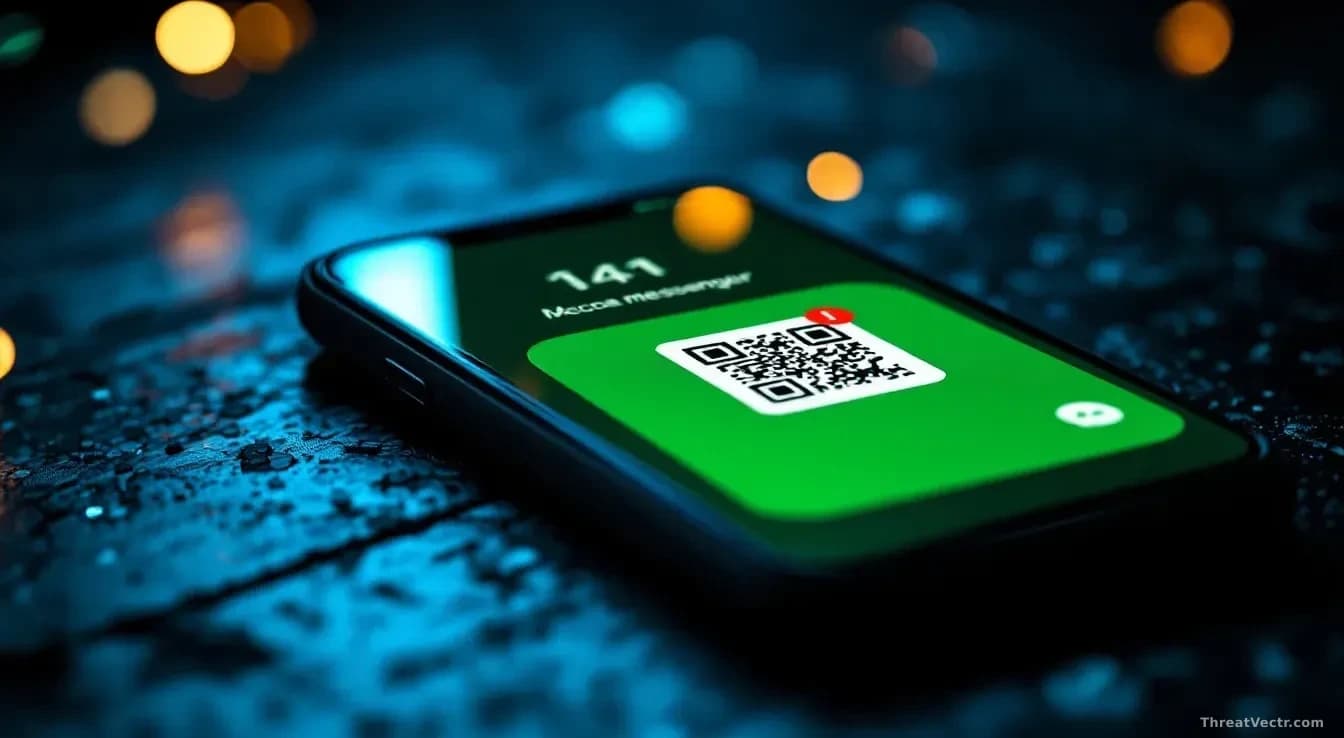 Full-frame edge-to-edge photoreal news-editorial image of a darkened smartphone screen displaying a generic green messenger app with a QR code prompt, faint Cyr