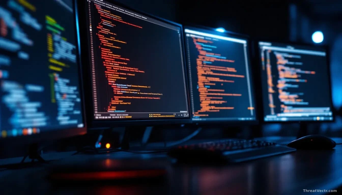 Full-frame 16:9 photoreal editorial shot of a developer workstation at night, multiple monitors showing dense terminal output and an open code editor with a sus