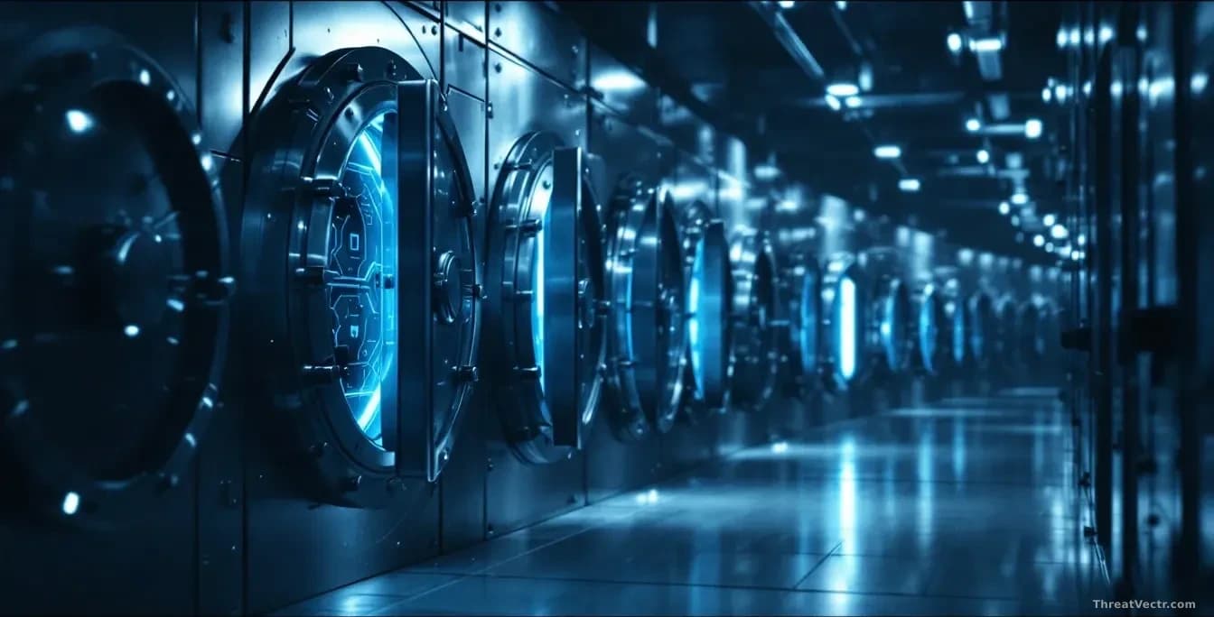 A row of heavy steel security vault doors lining a long corridor, each door slightly ajar with a faint blue digital glow emanating from within, shot from a low