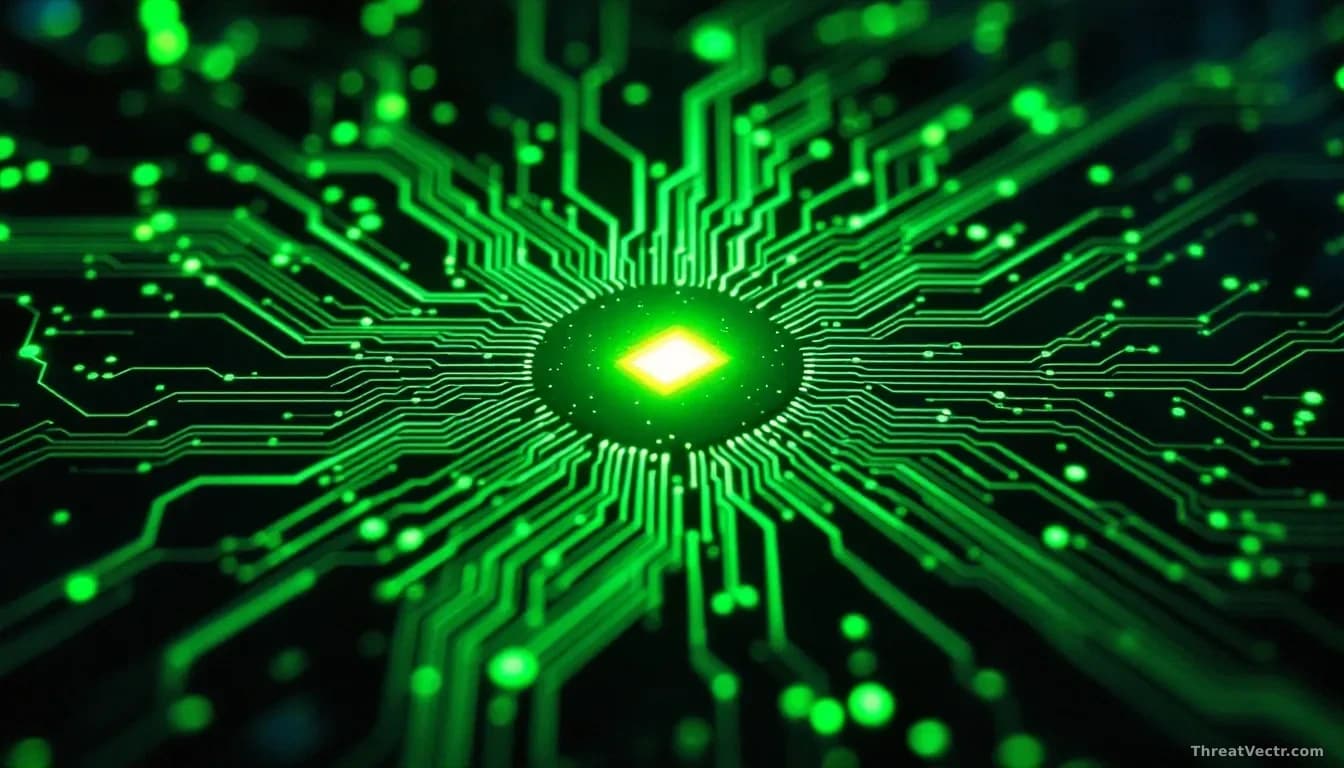 Extreme close-up of a glowing green circuit board with complex layered traces, deep shadows between components, a single bright node pulsing with light at the c