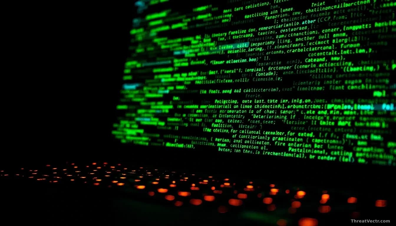 Extreme close-up of a dark computer terminal screen filled with cascading green monospace text commands against a black background, a faint amber glow reflectin