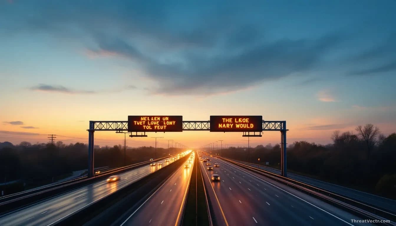 Aerial 16:9 editorial photograph of a multi-lane American interstate highway at dusk, large digital message signs mounted on overhead gantries displaying amber