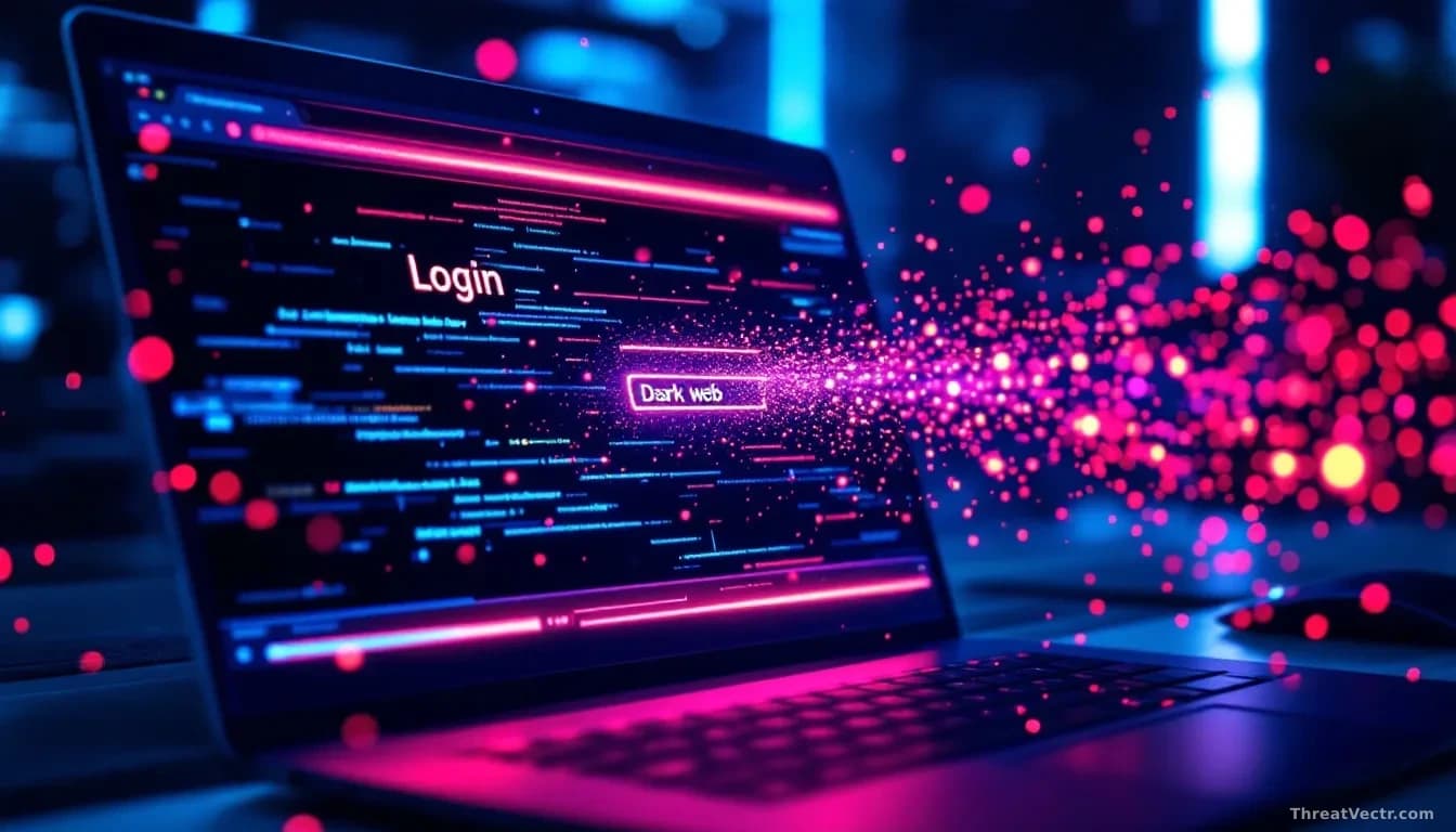 Full-frame edge-to-edge photoreal news-editorial image of an abstract dark web browser window glowing on a desk, with translucent neon login form fields dissolv