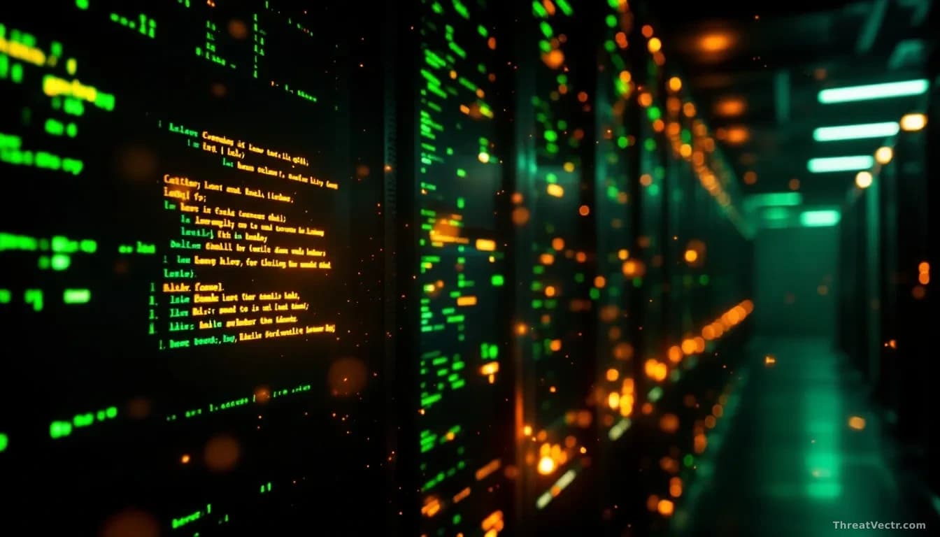 A dark server room bathed in dim green terminal light, rows of rack-mounted servers receding into the background, a single monitor in the foreground displaying