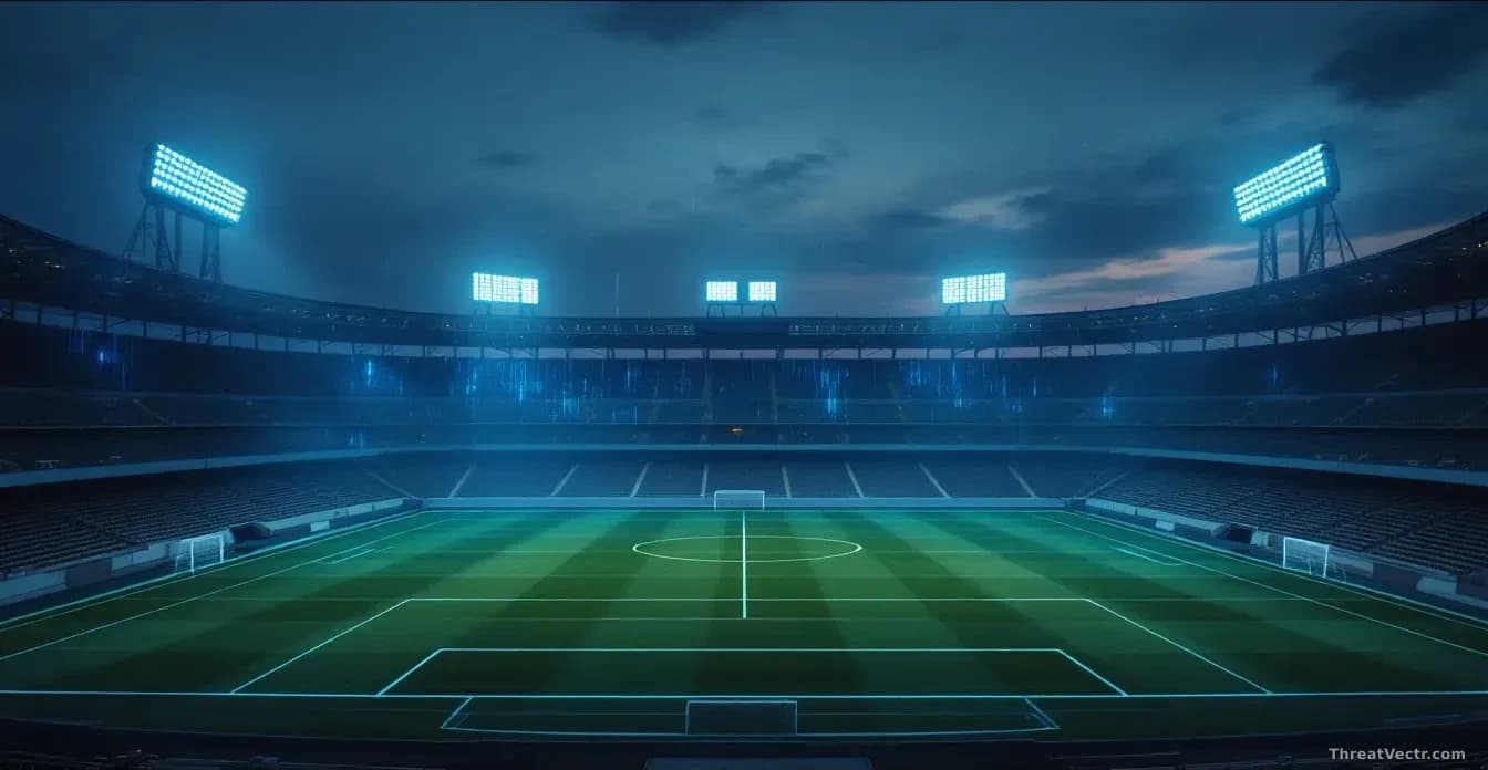 Photoreal news-editorial image of an empty modern football stadium at dusk, floodlights on, viewed from an upper tier, with a faint blue data-grid overlay sugge