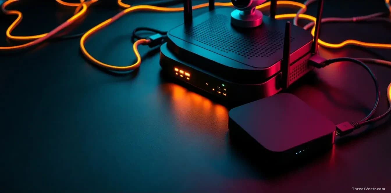 Full-frame edge-to-edge photoreal overhead shot of a tangle of consumer networking gear — a stacked home router, an IP camera, and a small Android set-top box —