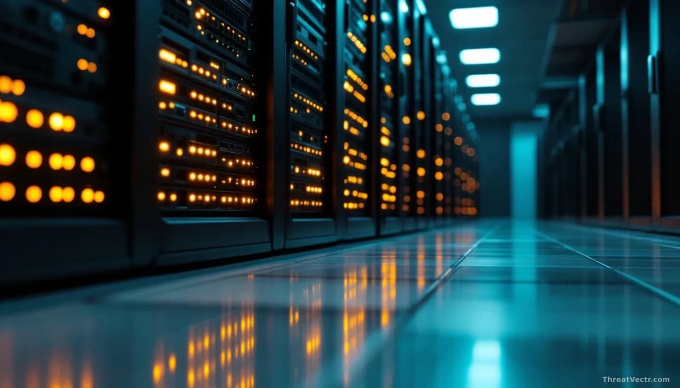 Photoreal news-editorial shot of a stack of rack-mounted network appliances in a dim server room, faint amber status LEDs reflecting off polished floor tiles, s