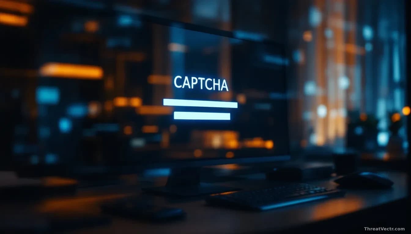 Full-frame edge-to-edge photoreal shot of a darkened office monitor displaying a generic fake CAPTCHA verification page reflected in a glass surface, with faint