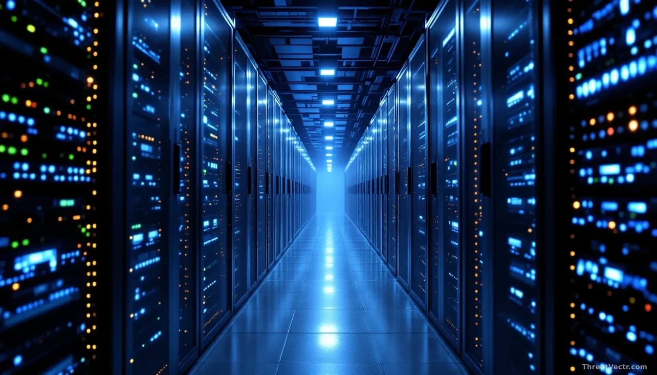 Full-frame edge-to-edge photoreal overhead shot of a dense server rack aisle in a data center, cold blue LED lighting, dark shadows between cabinets, faint refl
