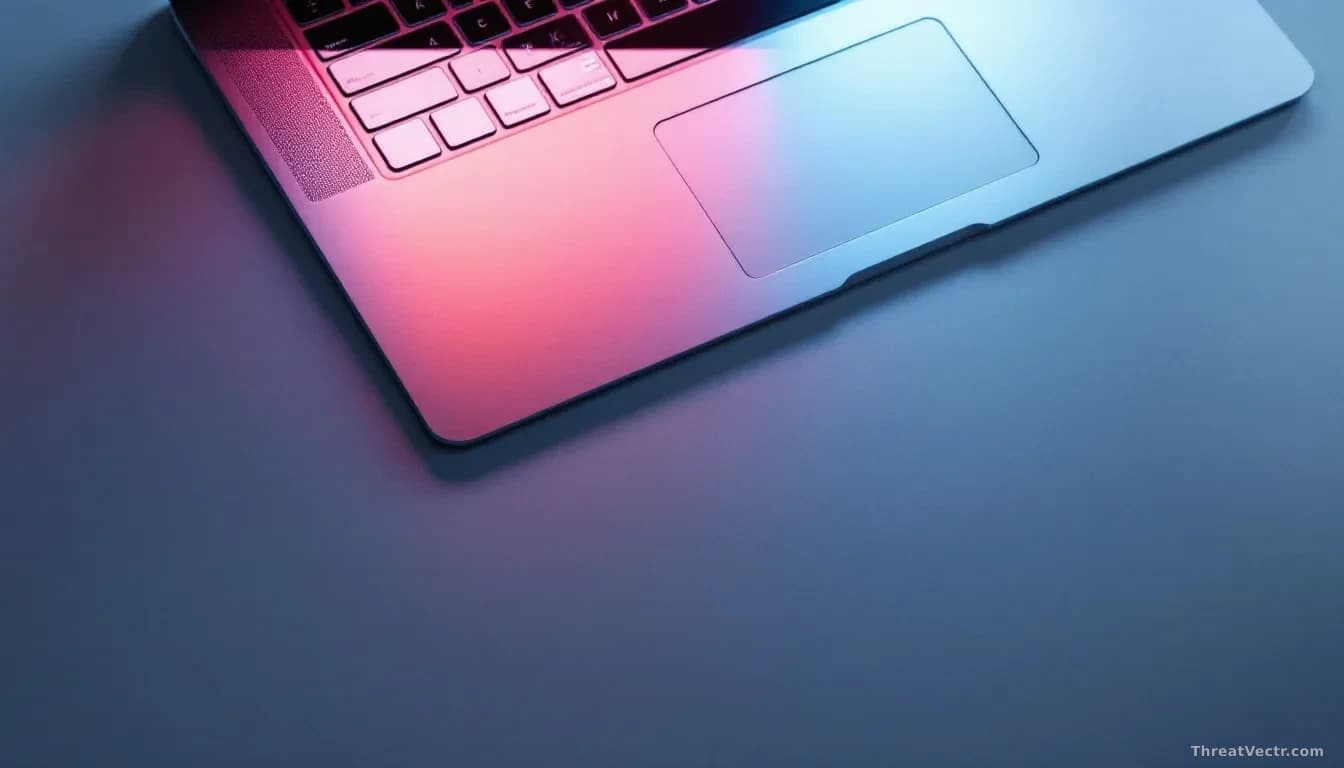 Close-up top-down view of a sleek aluminum laptop keyboard and trackpad on a matte desk surface, soft cool studio lighting casting subtle shadows, a faint abstr