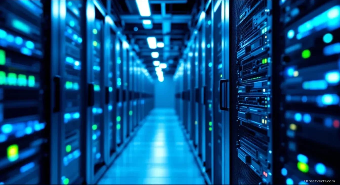 A sleek modern server room bathed in cold blue light, rows of densely packed rack hardware receding into the distance, subtle green status LEDs dotting the fram