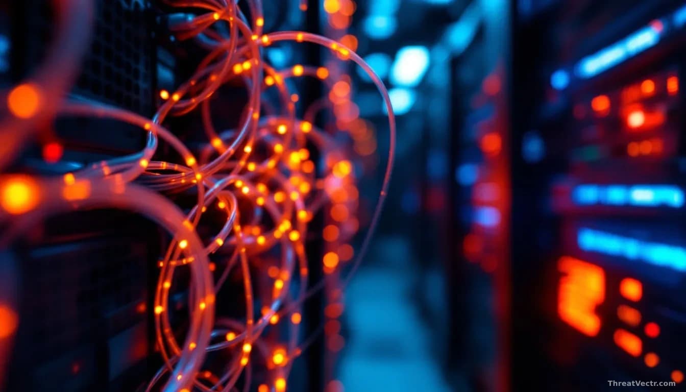 A close-up, photoreal, news-editorial image of tangled fiber optic cables glowing with intense orange and red light against a dark server room background, with