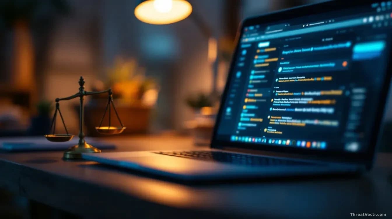 Photoreal editorial image, 16:9, full frame edge to edge: an open laptop on a dark wooden desk showing a blurred inbox interface, a small brass justice-scale pa
