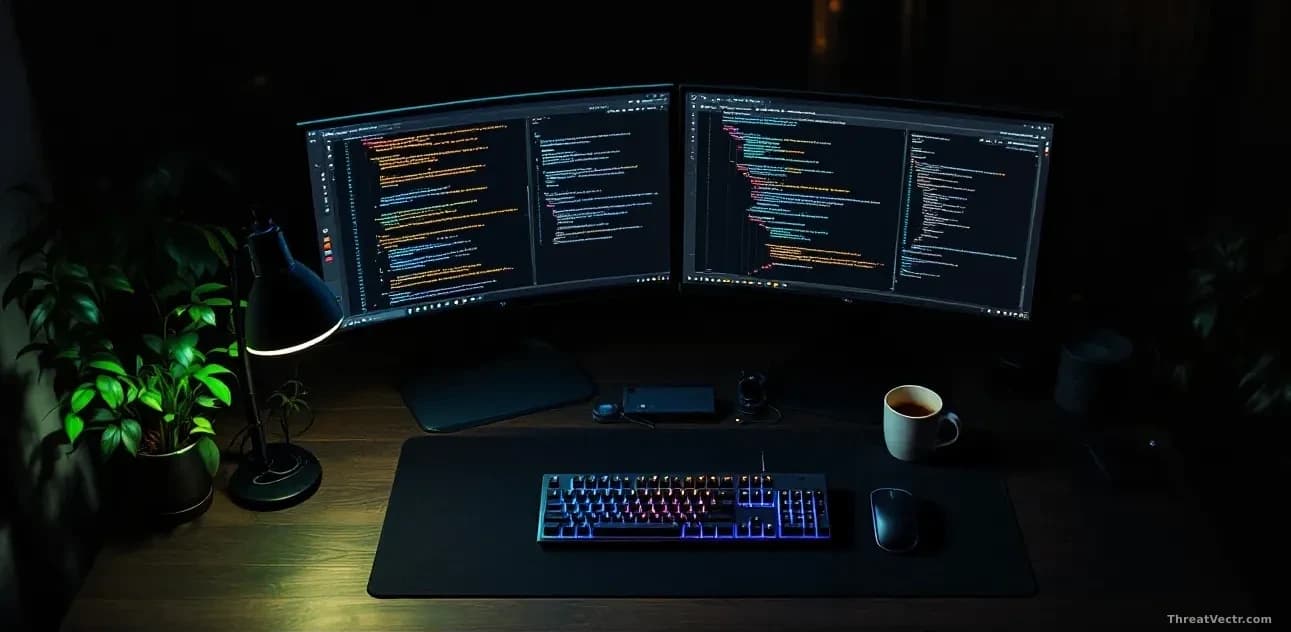 Full-frame edge-to-edge overhead photoreal shot of a darkened developer workstation at night, dual monitors showing blurred lines of Python source code and a te
