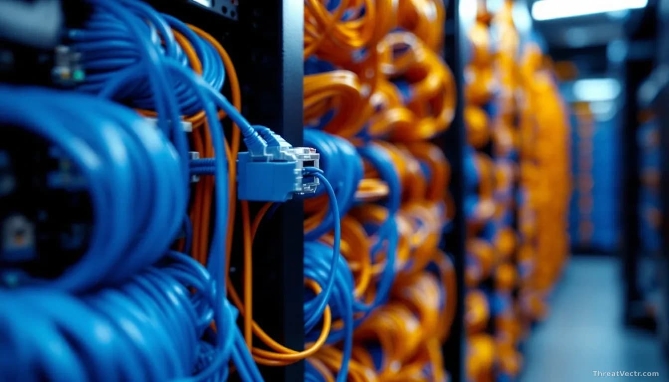 Macro photograph of dense server rack cable management inside a data center, cables in deep blue and orange running in organized bundles between black rack unit