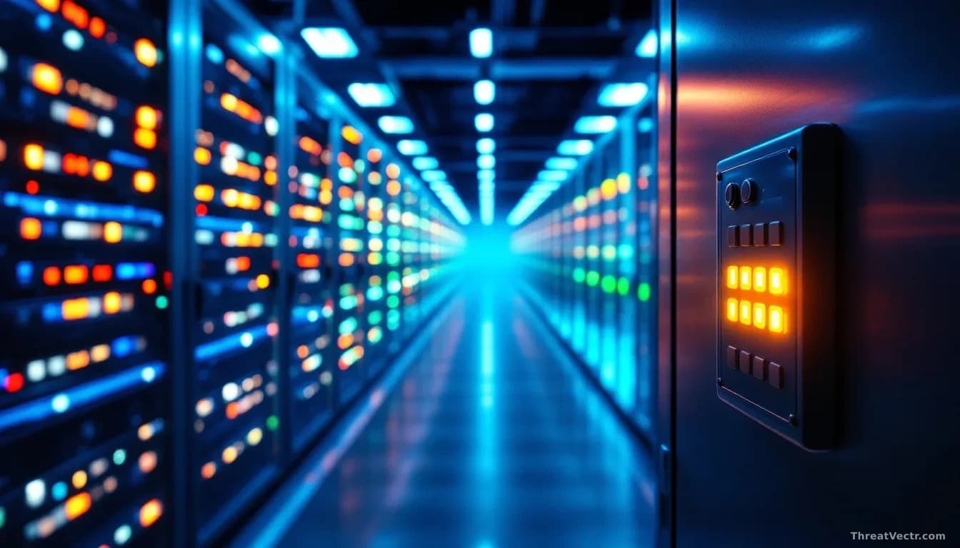 A vast server room bathed in cool blue and amber light, rows of illuminated rack units receding into the distance, access control panel with a glowing keypad mo