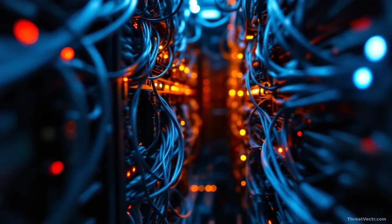 Macro photograph of a dense server rack interior, cables and blinking amber and red indicator lights casting harsh shadows, shot from a low angle looking up thr