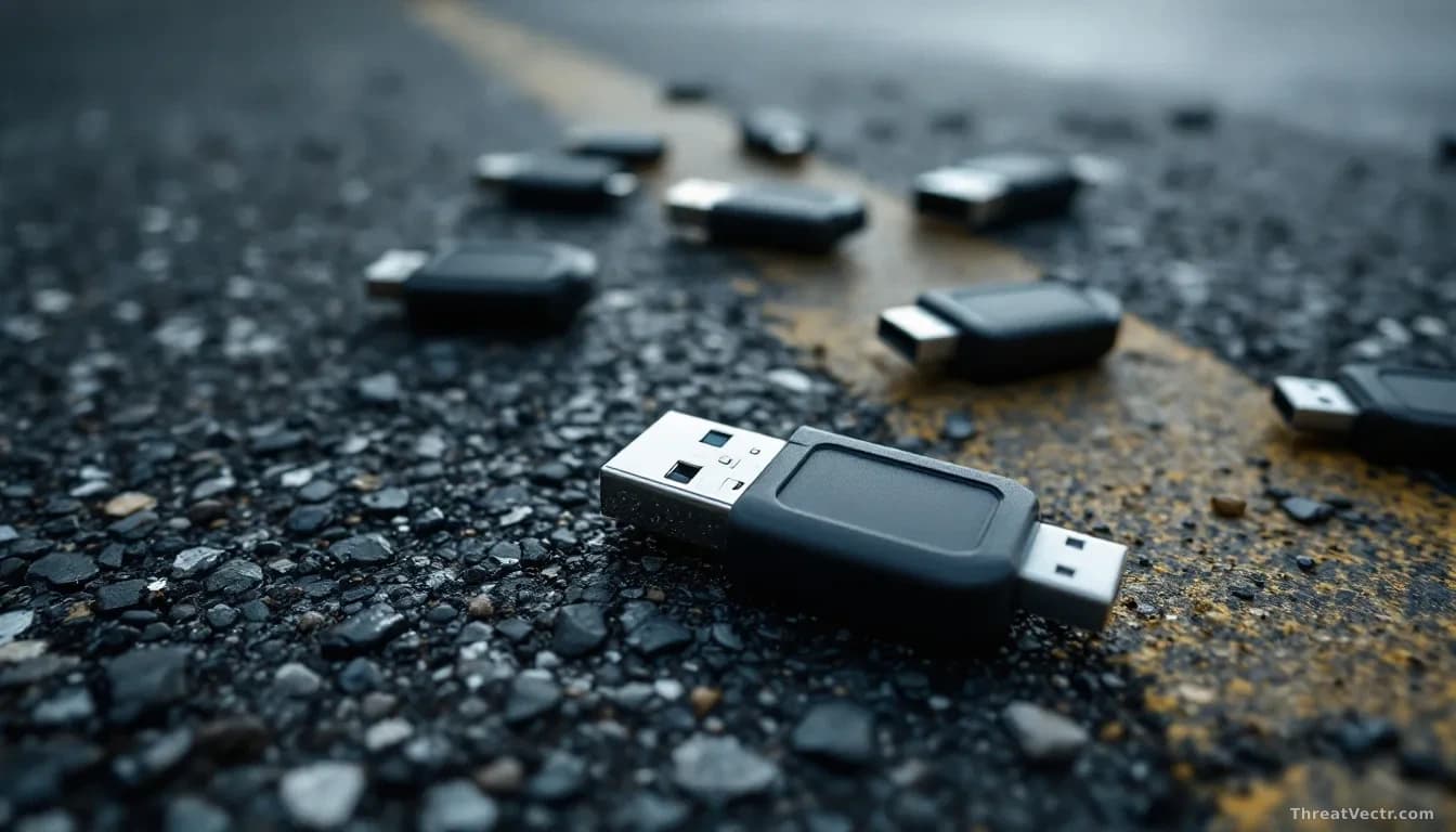 Close-up overhead view of several plain black USB thumb drives scattered across weathered asphalt in a parking lot, shallow depth of field, natural overcast day