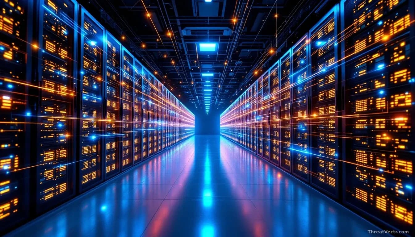 A wide server room bathed in cool blue and amber light, rows of blinking rack-mounted hardware receding into the distance, abstract neural-network-style light t