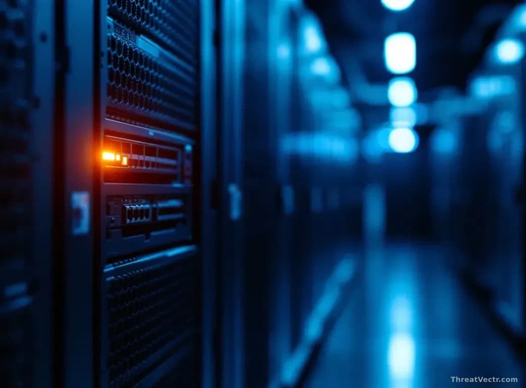 Full-frame edge-to-edge photoreal editorial image of a dimly lit server rack in a data center with a single amber warning LED glowing on a network appliance, co
