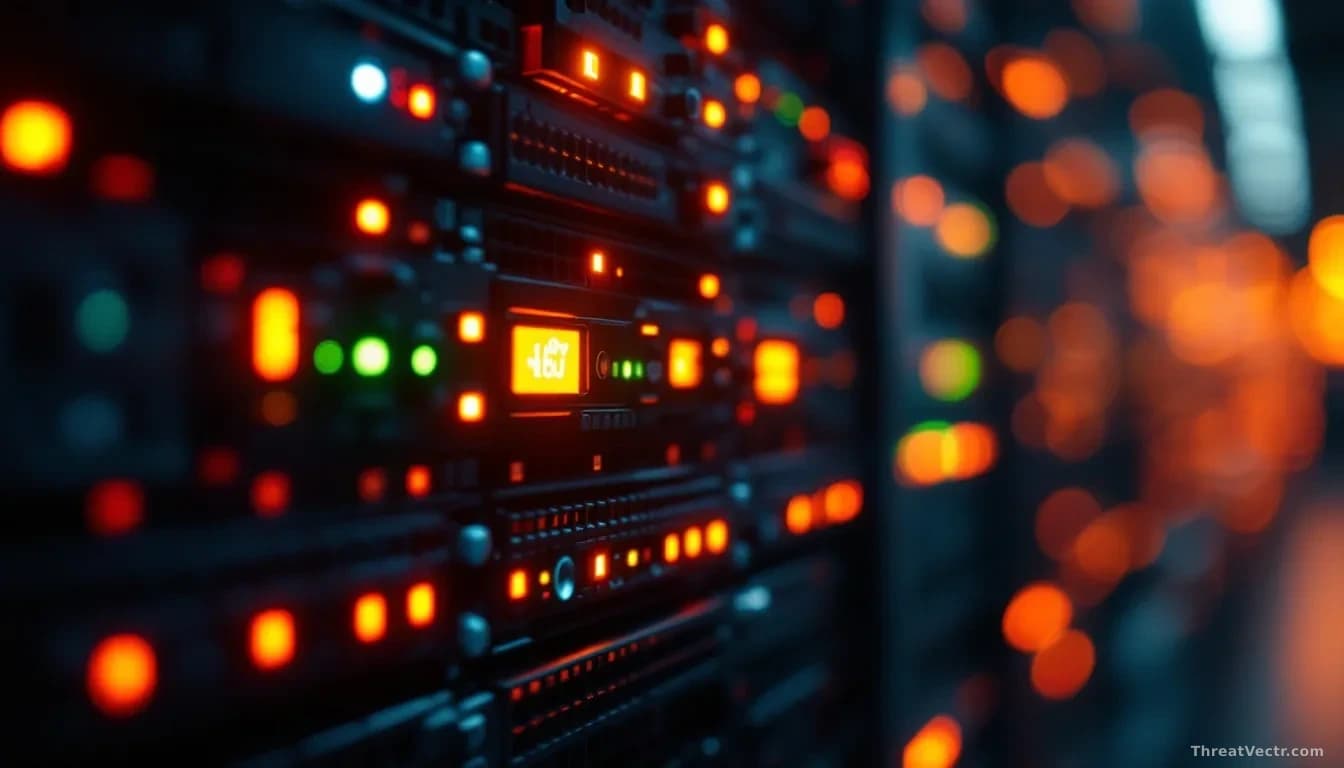 Close-up, editorial news-photography style, of a single illuminated server rack panel in a darkened data centre, with amber and red indicator lights casting a f