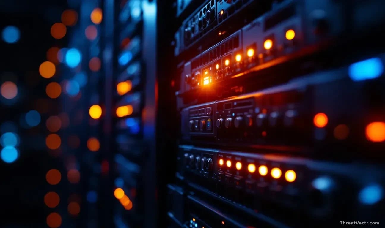 Extreme close-up of a glowing server rack in a dark data centre, amber and blue indicator lights reflecting off brushed metal chassis, shallow depth of field dr