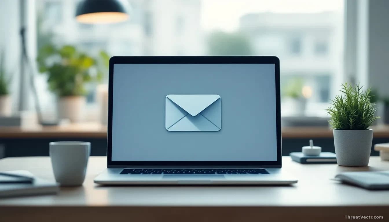 Photoreal editorial shot of a modern office desk with an open laptop showing a generic email client interface, soft daylight from a window, muted blue and grey