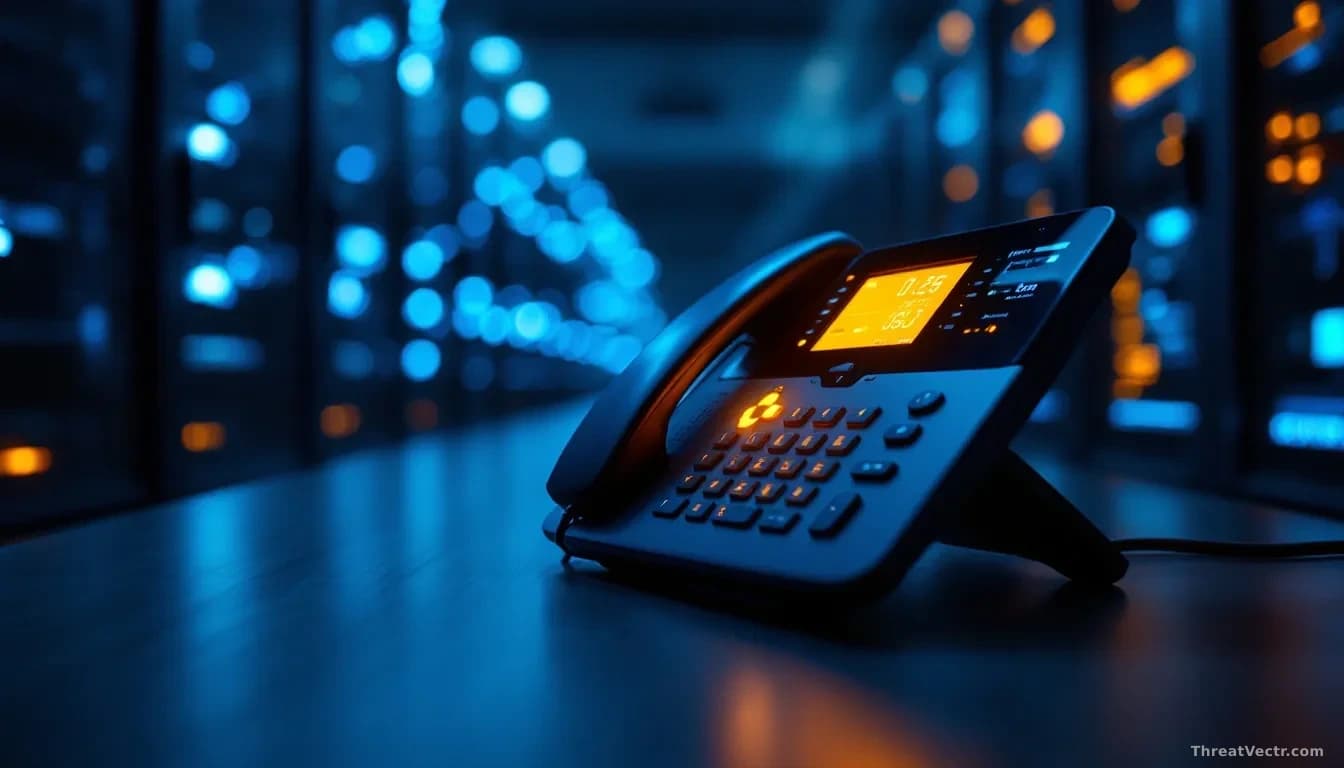 Photoreal editorial image, full frame 16:9, of a modern office desk IP phone glowing softly in a dim server-room setting, with faint blue network cable light tr