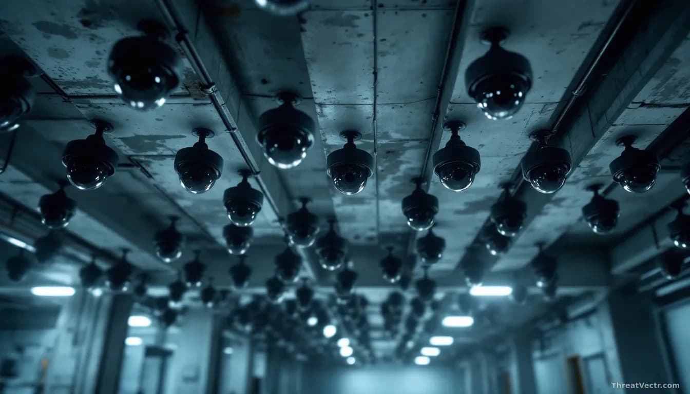 A wall of modern black dome security cameras mounted on a concrete ceiling in a large, dimly lit industrial space, shot from a low angle looking upward, cool bl