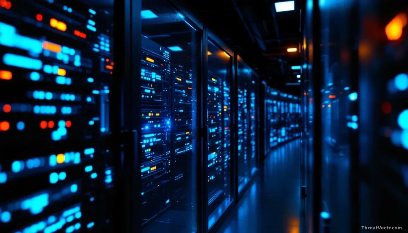 Full-frame photoreal editorial image of a dimly lit government server room, rows of racks with faint blue and amber status LEDs, one rack door slightly ajar rev