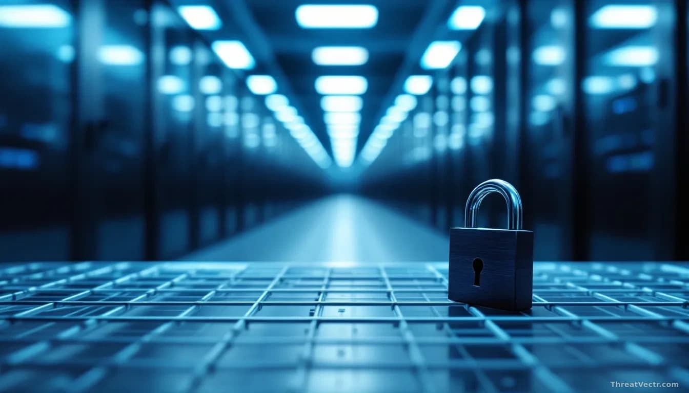 Photoreal news-editorial photograph, 16:9 framing, showing a large server room bathed in cold blue light, rows of dark server racks stretching into the distance