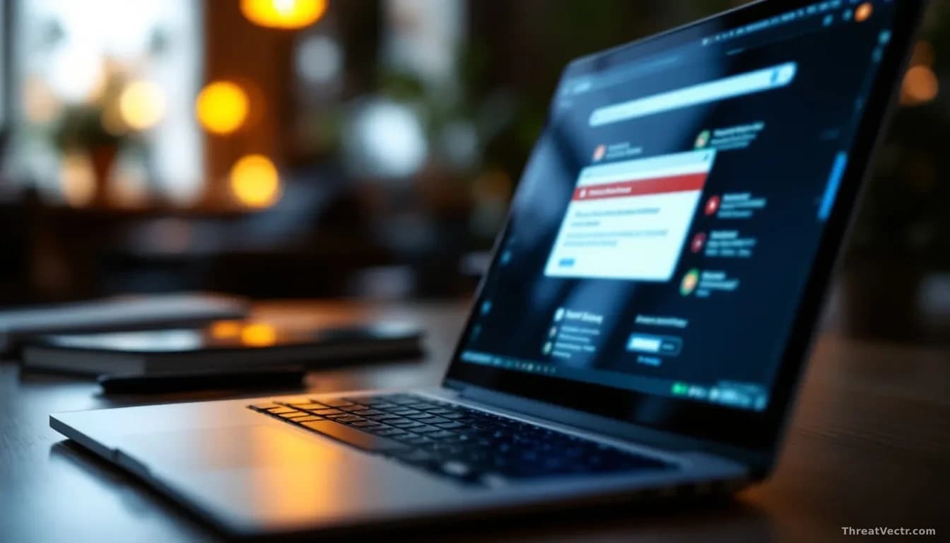 Full-frame photoreal editorial image of a laptop screen showing a generic web browser with a red warning icon in the address bar and a blurred popup dialog, dim
