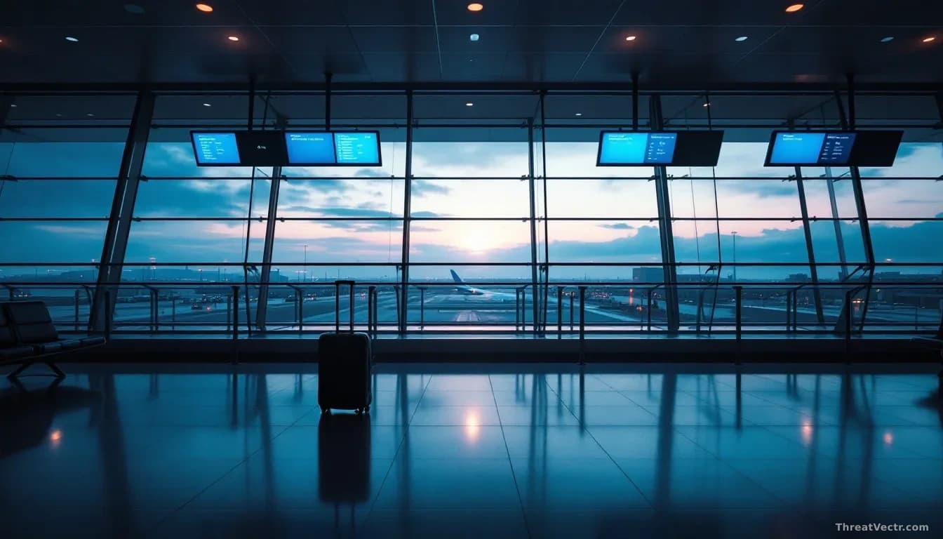 Photoreal editorial image of an empty international airport departure gate at dawn, blue departure screens softly glowing, a lone rolling suitcase left near a s