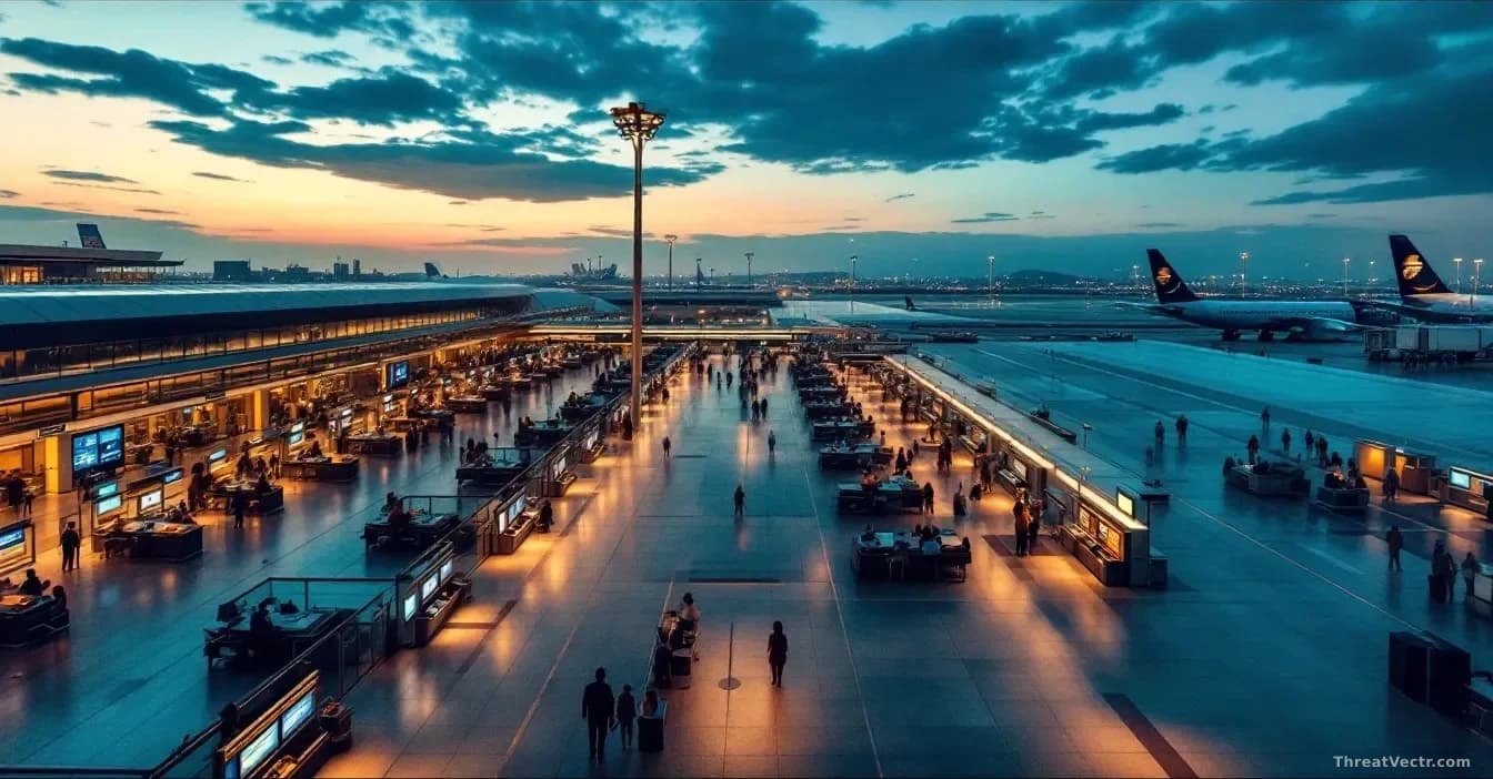 Aerial 16:9 editorial photograph of a busy international airport terminal, shot from above at dusk, warm amber lighting illuminating rows of empty check-in desk