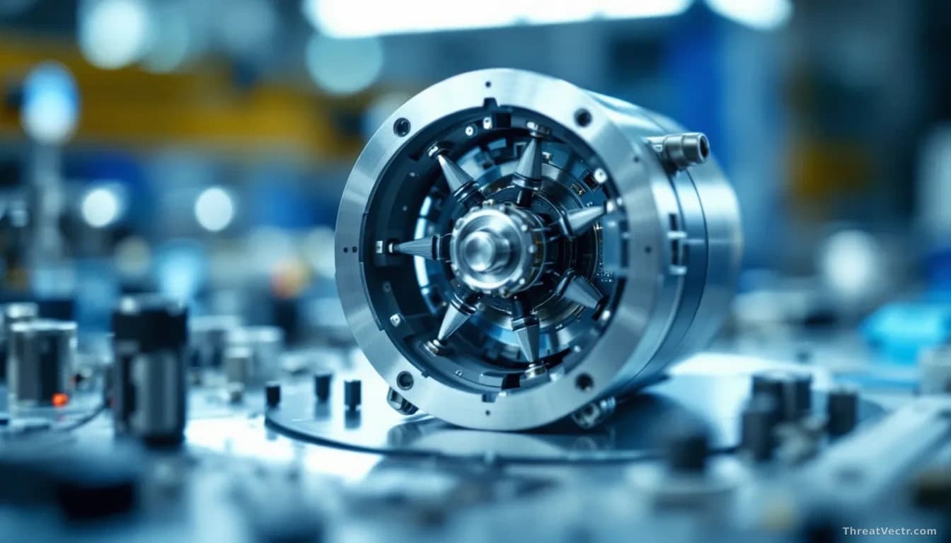 Close-up photoreal view of a small satellite reaction wheel component on a cleanroom workbench, brushed aluminium housing, exposed circuit board with fine coppe