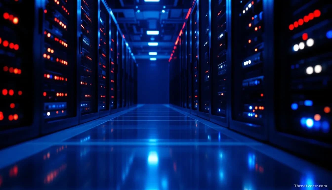 Full-frame edge-to-edge photoreal image of a dimly lit server rack in a corporate data centre, one network firewall appliance glowing red among rows of blue sta