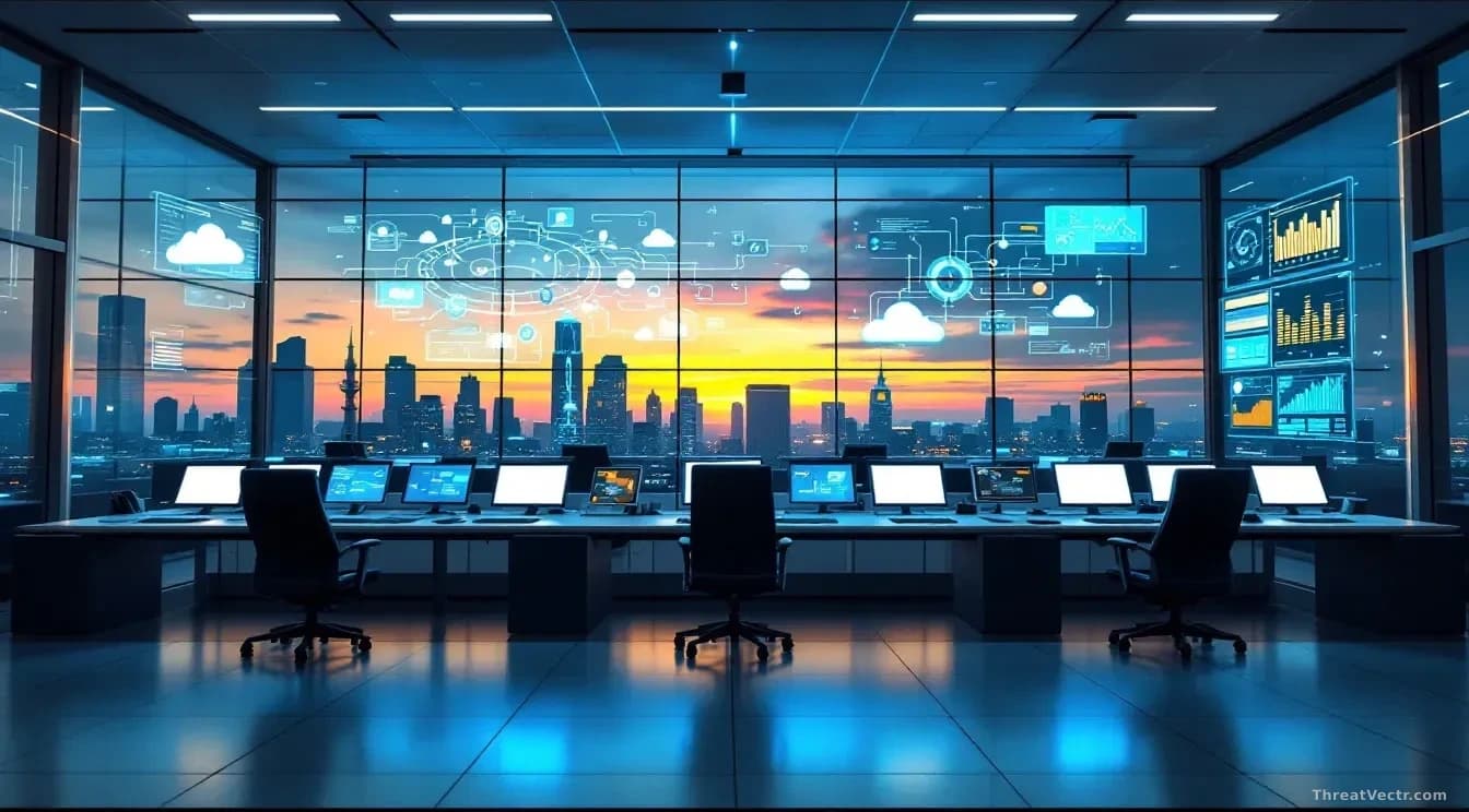 Photoreal news-editorial image of a modern government-style network operations centre at dusk, glowing screens showing abstract network diagrams and cloud conne