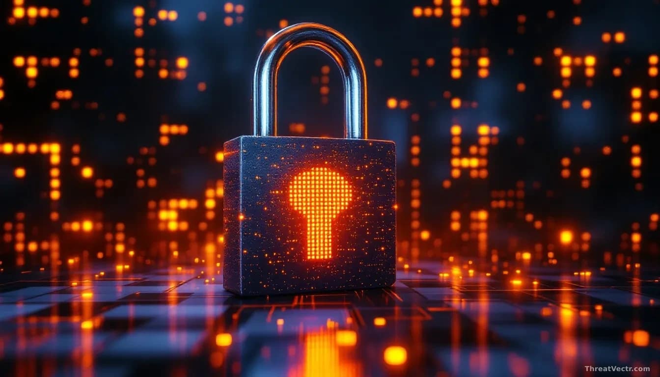 A digital representation of a firewall with a menacing shadow of a lock looming over it, symbolizing the threat of ransomware