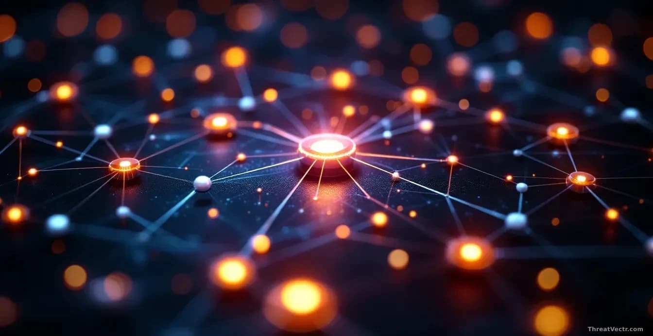 Macro photograph of a glowing network of interconnected nodes on a dark surface, with several nodes pulsing amber-red to suggest hidden danger within an otherwi